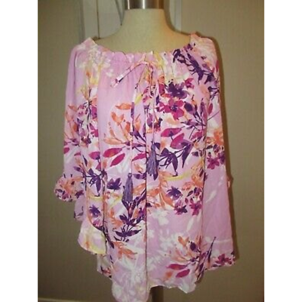 One World floral purple blouse top  S‎ Small 3/4 sleeve